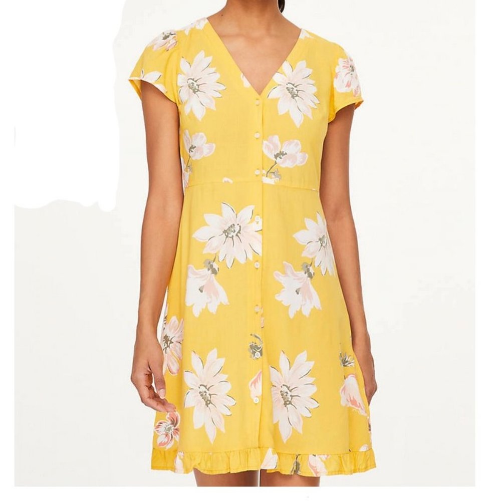 Loft Button Front Ruffle Dress Yellow Floral Sz 0